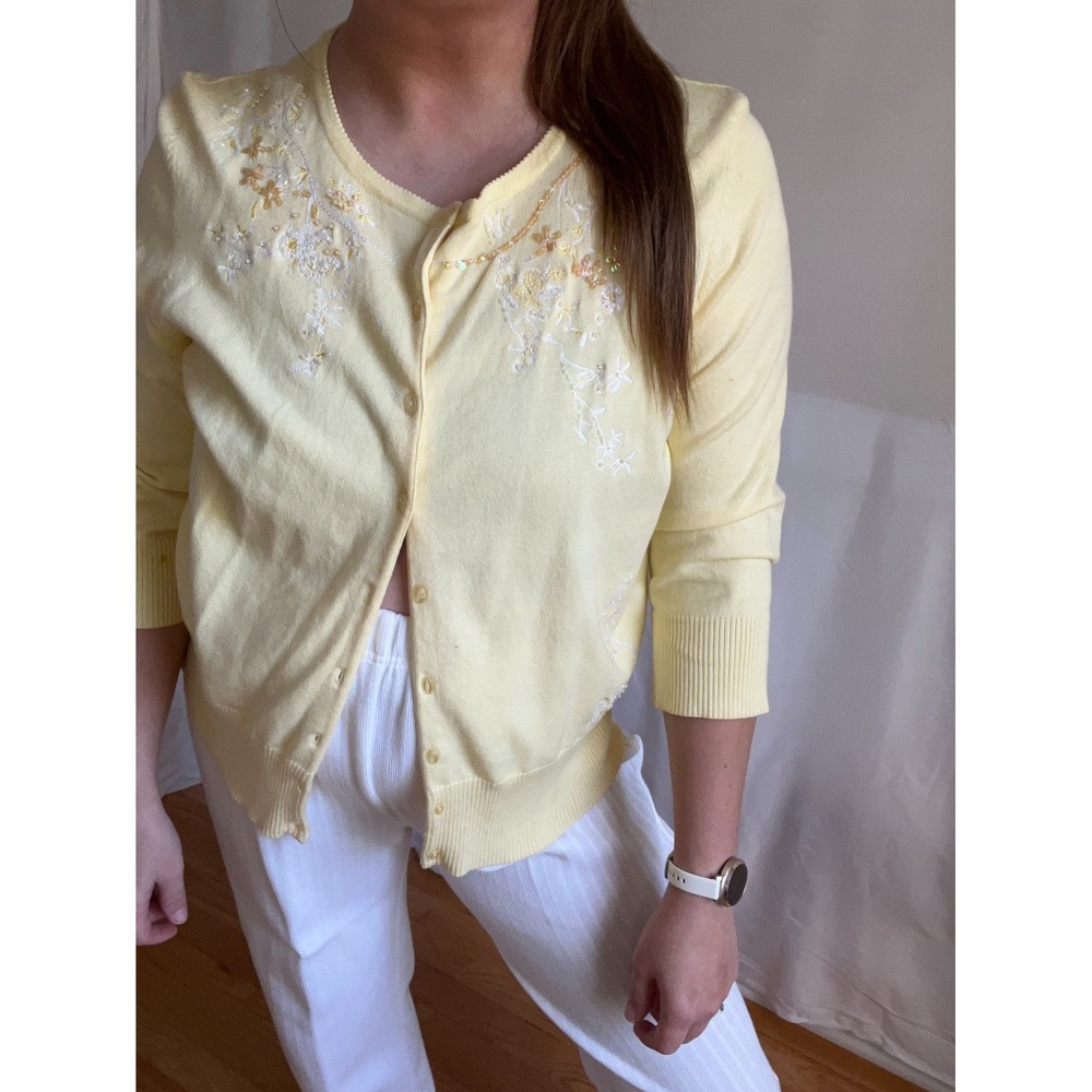 Vintage Faded Glory Butter Yellow Cardigan Womens L Embroider Grandma Cottage